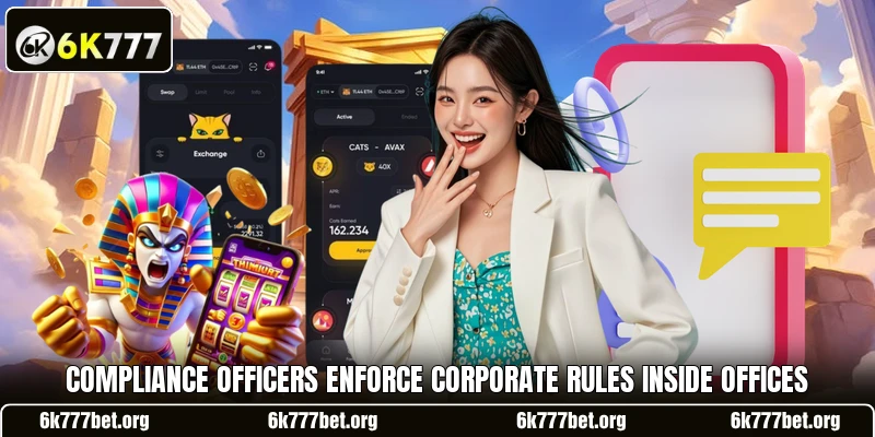 Compliance officers enforce corporate rules inside offices